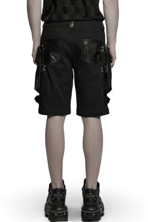 Back view of black gothic cargo shorts with leather rear pockets and side cargo hardware details