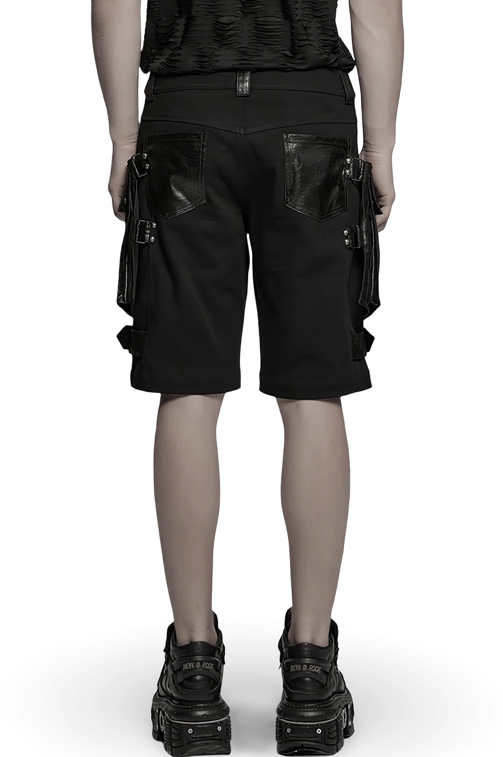 Back view of black gothic cargo shorts with leather rear pockets and side cargo hardware details