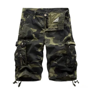 Dark green camouflage cargo shorts front flat lay featuring heavy cotton canvas and buttoned side pockets
