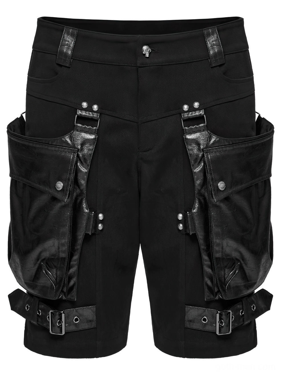 Front oblique flat view of gothic cargo shorts with leather waistband trim and snap fasteners on pockets