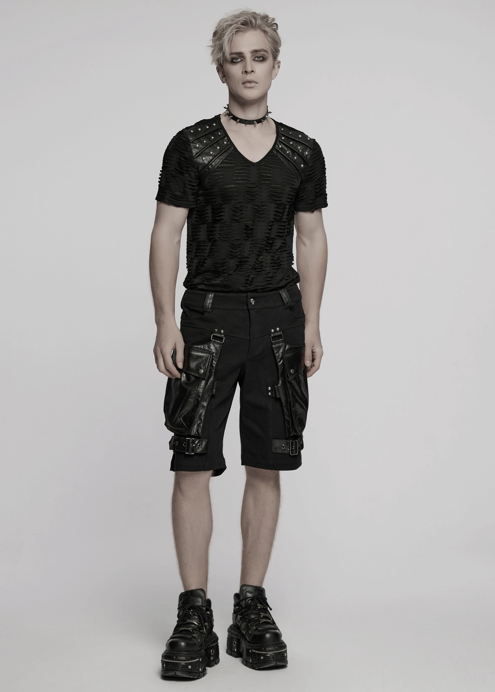Product display shot of gothic cargo shorts showing optimal fit and silhouette with leather accents