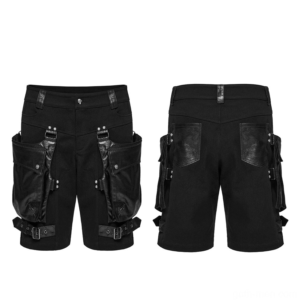 Flat lay front and rear dual view of black gothic cargo shorts showing dual leather pockets and metal buckle trims