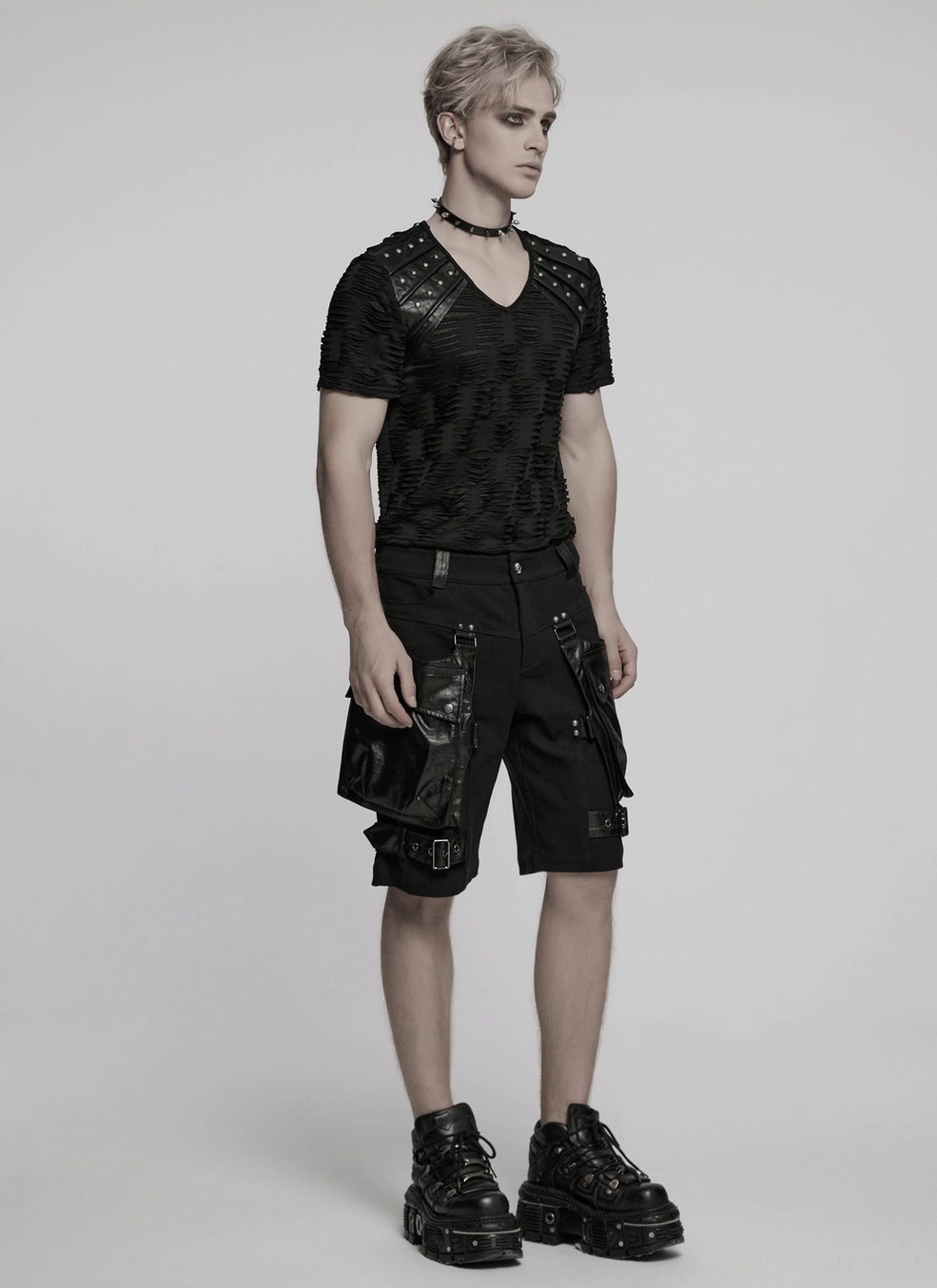 Close-up view of gothic cargo shorts hip area showing contoured fit and side cargo pocket placement