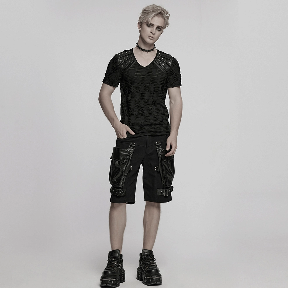 Alternative angle flat lay of black gothic cargo shorts emphasizing industrial design and buckle hardware
