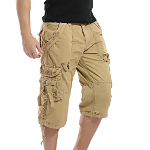 Men's khaki dark cargo shorts front view with utility pockets and drawstring hem