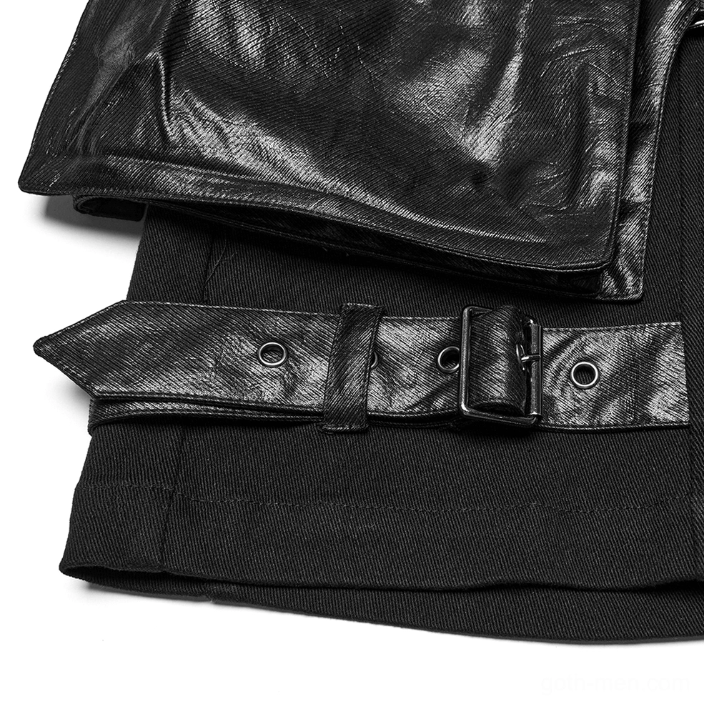 Close-up detail of shiny black faux leather pocket trim and decorative leather buckle strap