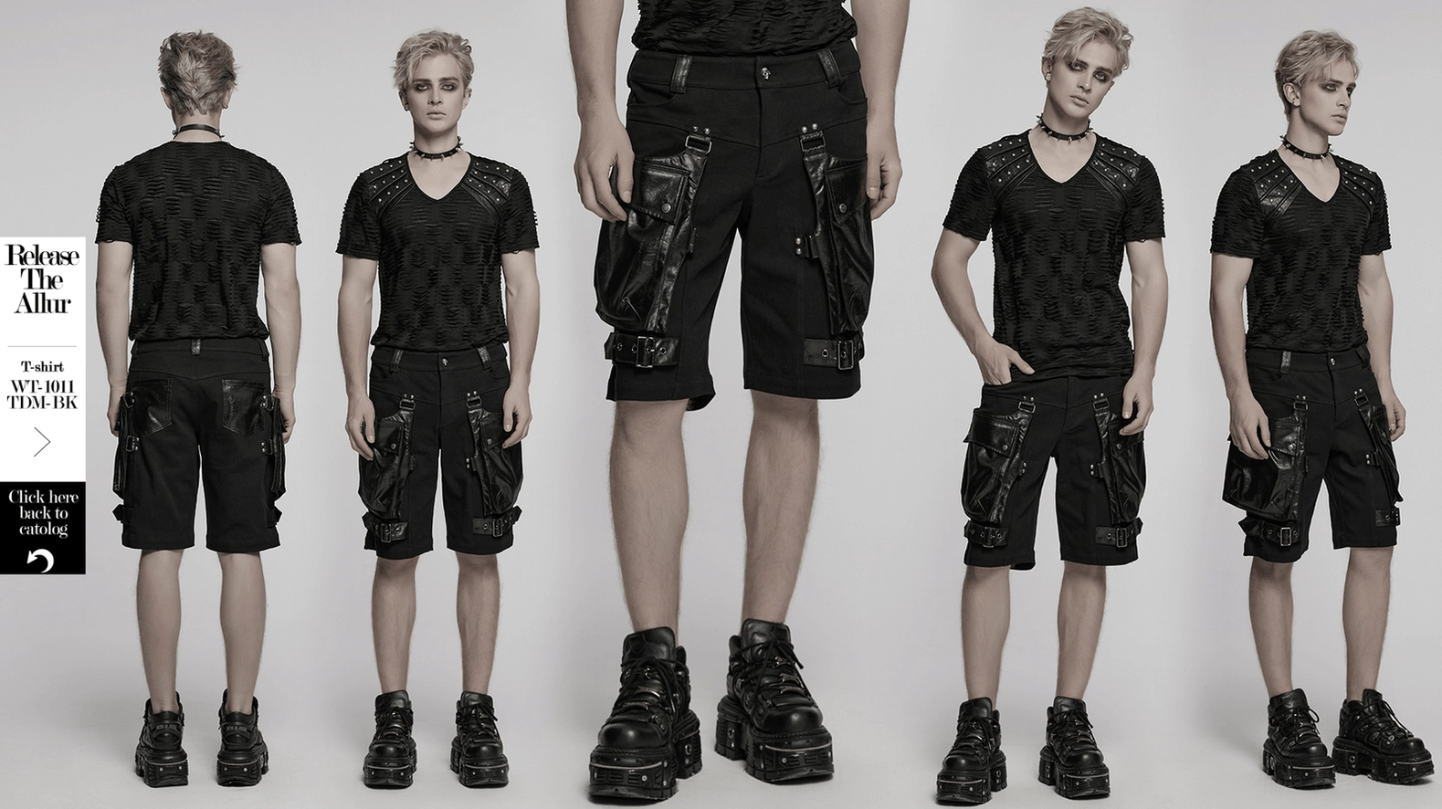 Main product image of black gothic cargo shorts with faux leather oversized pockets on studio background
