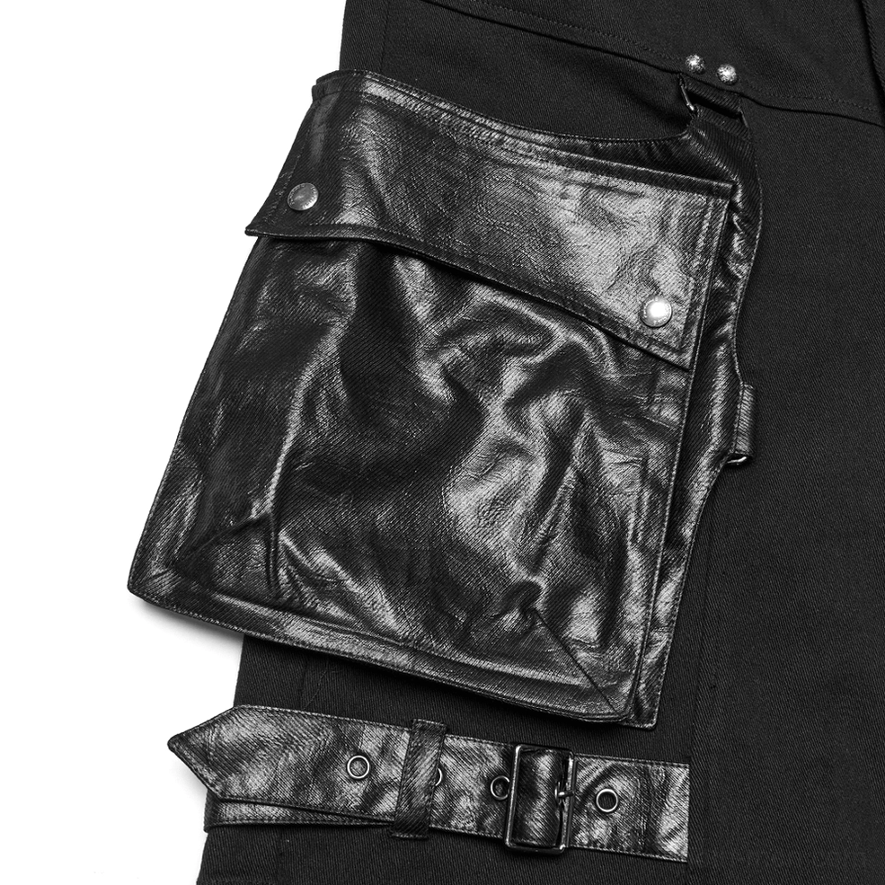 Macro detail view of faux leather cargo pocket with snap buttons and metal rivet hardware