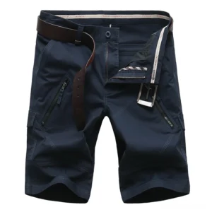 Men's gothic cargo shorts navy blue flat lay front view with zippered pockets and leather belt