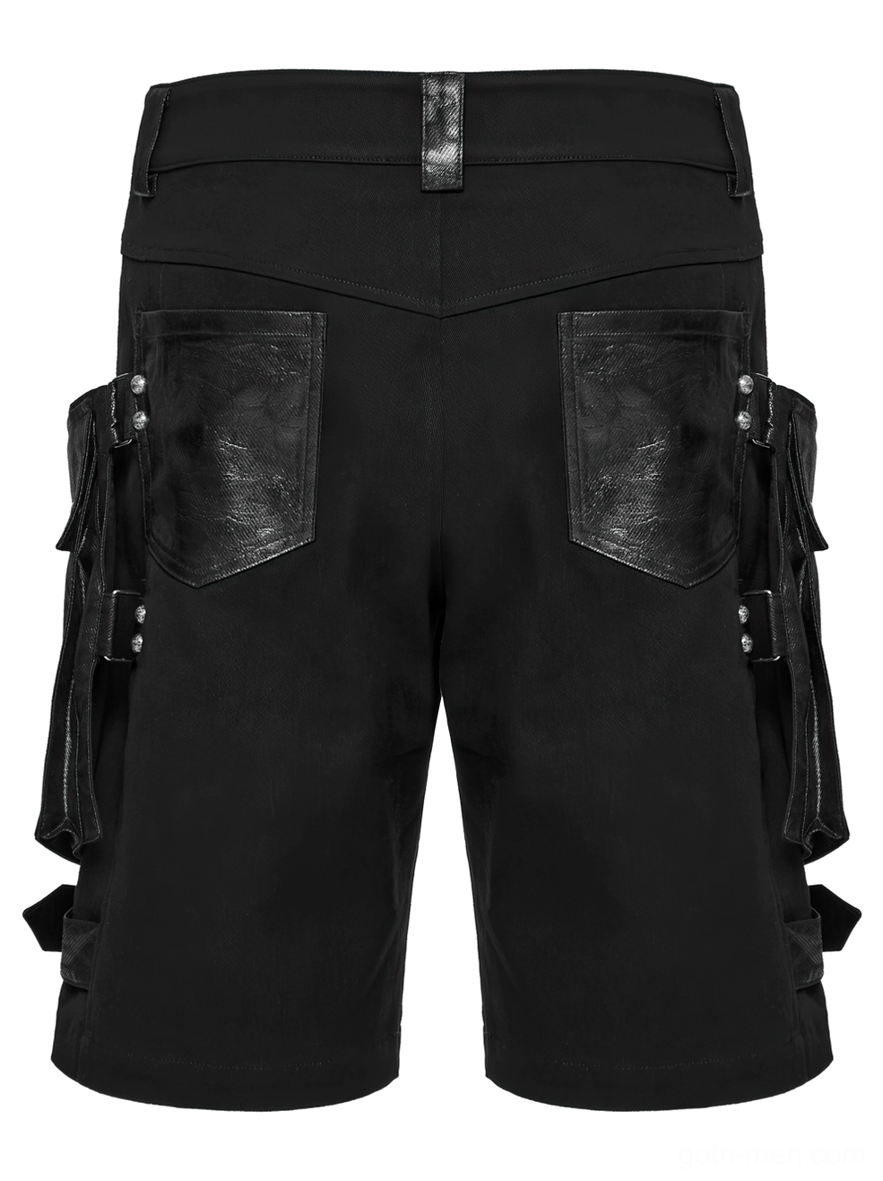 Rear flat view of black gothic cargo shorts highlighting leather rear pockets and cargo hardware