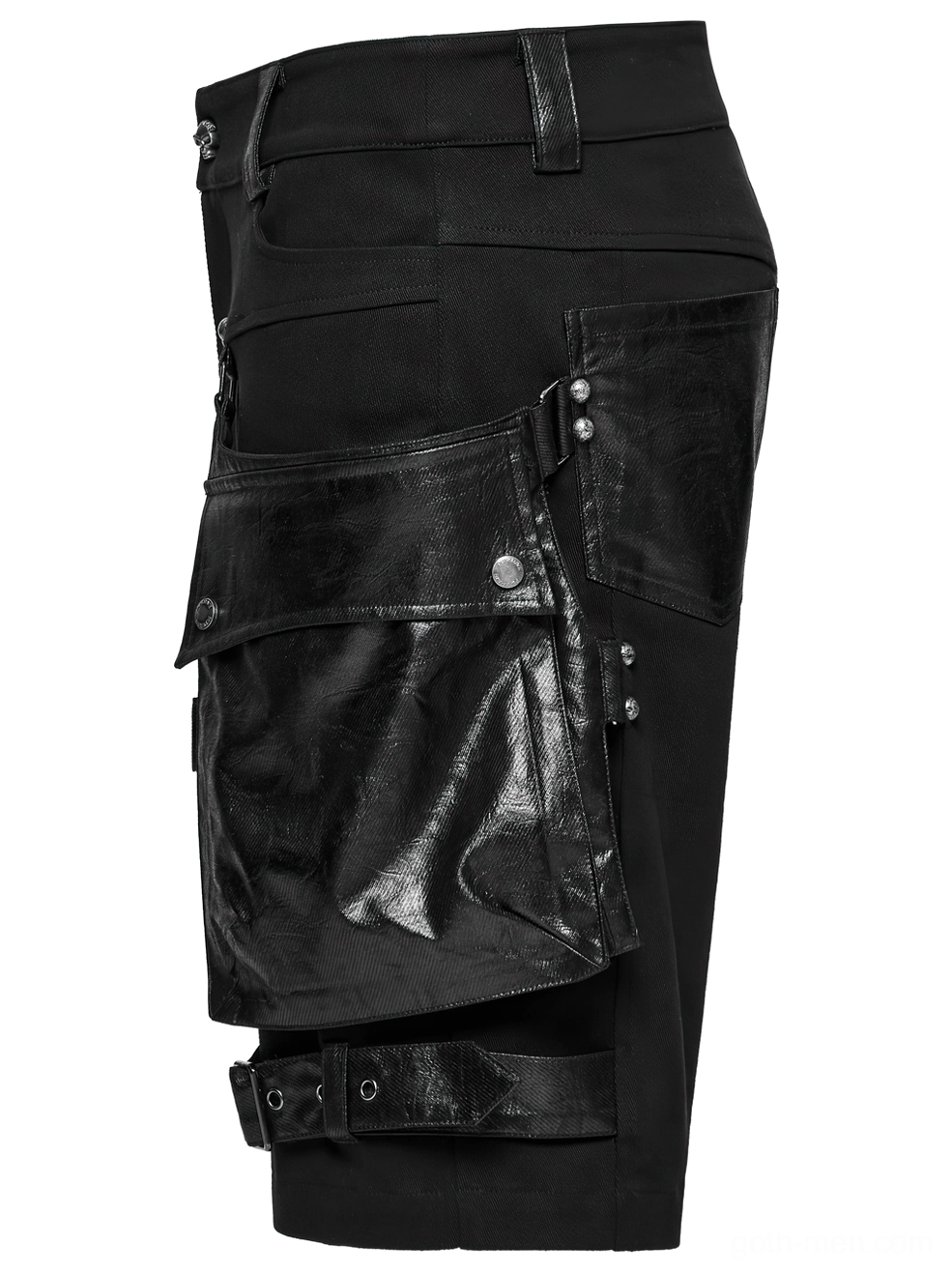Side profile flat lay of gothic cargo shorts showing leather side pocket detail and hem buckle strap