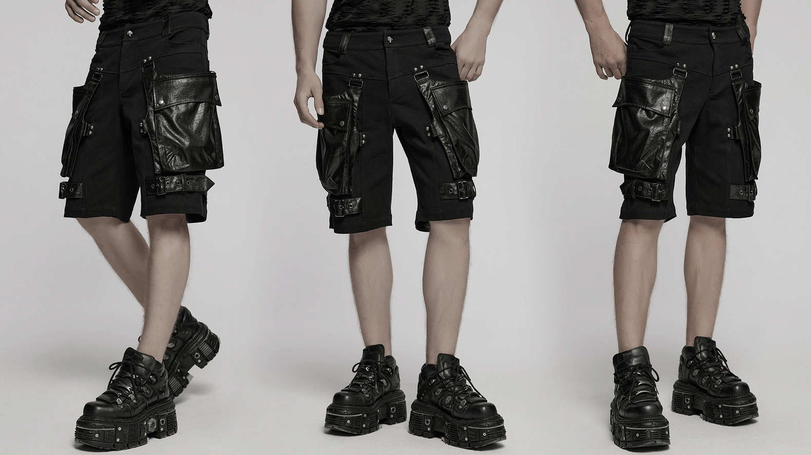 Full product shot of black gothic cargo shorts with model demonstrating street style aesthetic