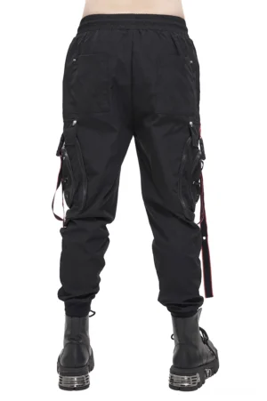 Black gothic cargo pants with red side straps - back view showing rear cargo pockets and details