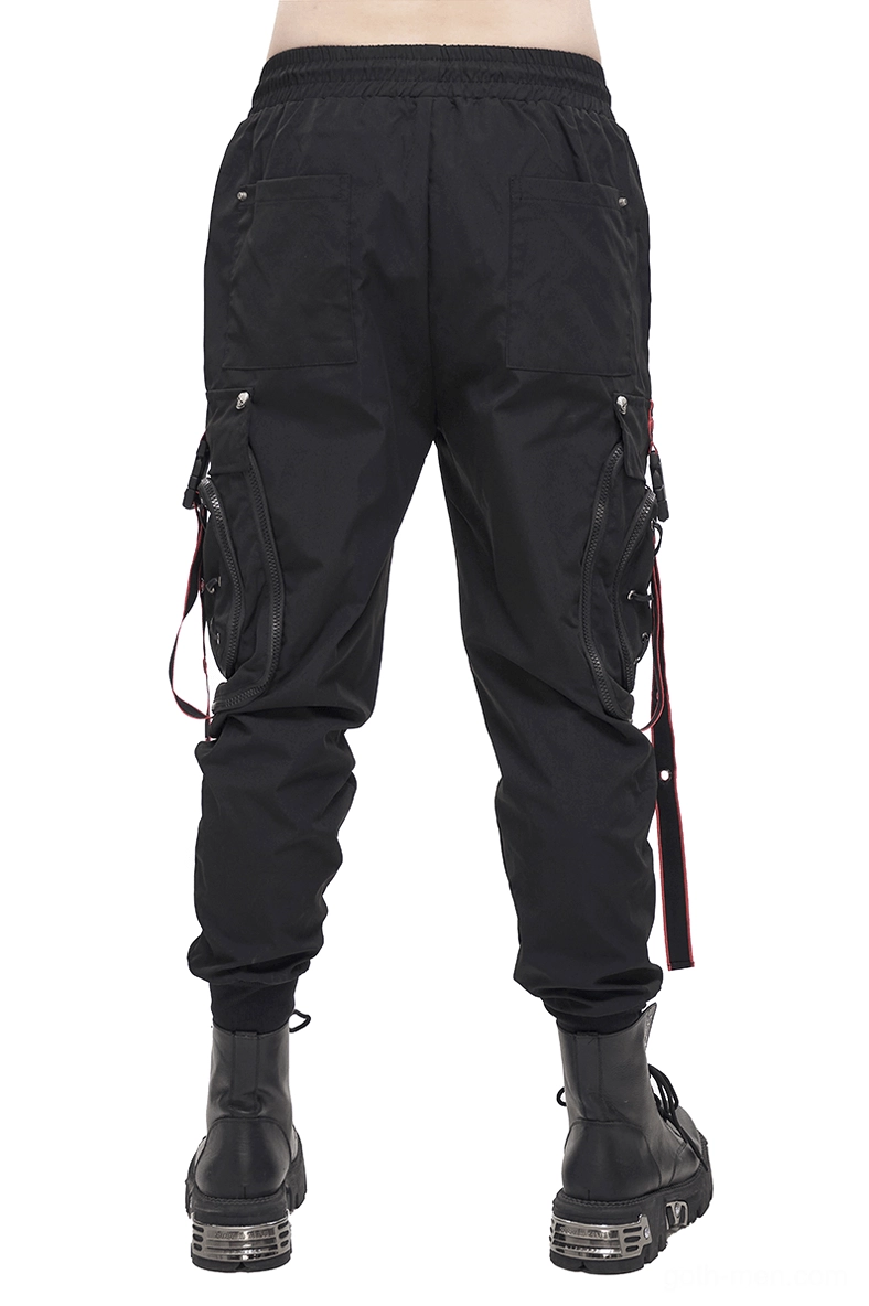 Black gothic cargo pants with red side straps - back view showing rear cargo pockets and details