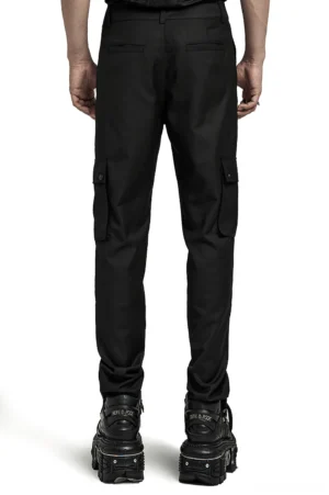 Black fitted cargo pants for men, rear view showing back side pockets and tapered fit, worn by male model