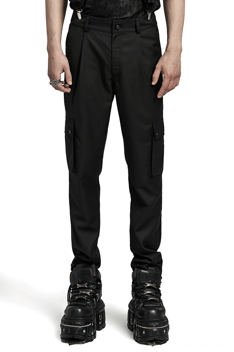 Men's black fitted gothic cargo trousers worn by male model, front full-body view with tapered leg silhouette and side cargo pockets