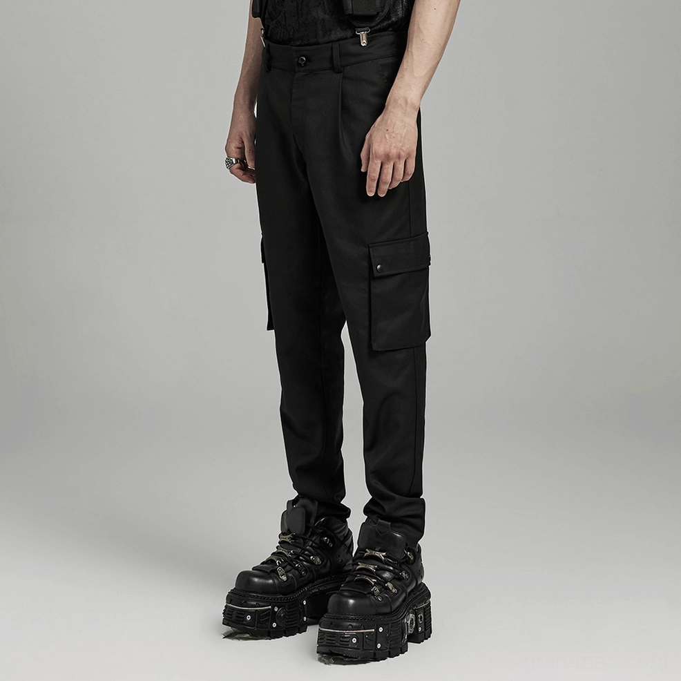 Men's black gothic cargo trousers side profile view, tapered leg fit worn by male model in alternative style