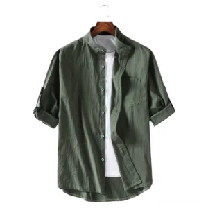 Army green goth casual shirt displayed on hanger with white undershirt showing single-breasted button closure
