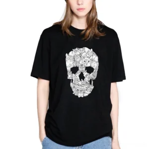 Memento mori cat skull gothic t-shirt front view on model wearing black cotton crew neck short sleeve tee with white intricate cat skull print