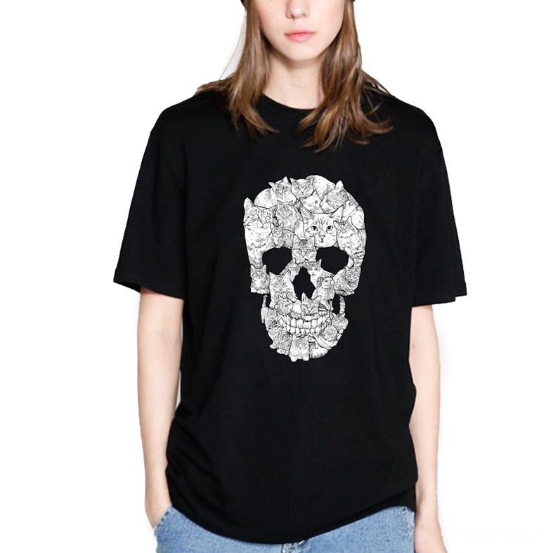 Memento mori cat skull gothic t-shirt front view on model wearing black cotton crew neck short sleeve tee with white intricate cat skull print