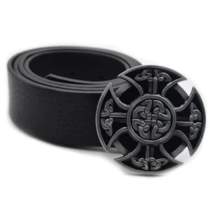 Celtic cross belt buckle on black leather strap, side profile view demonstrating buckle attachment and prong mechanism