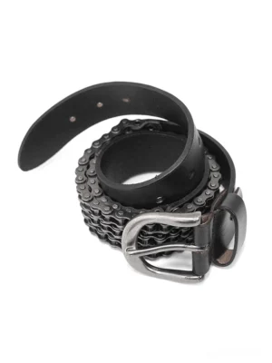 Coiled black leather and metal motorcycle chain belt with vintage silver pin buckle, flat lay top view