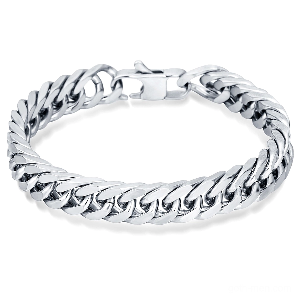 Overhead flat lay of silver stainless steel gothic chain bracelet with closed lobster clasp