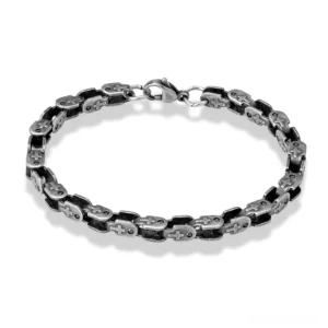 dark silver gothic bicycle chain bracelet flat lay industrial punk mens jewelry