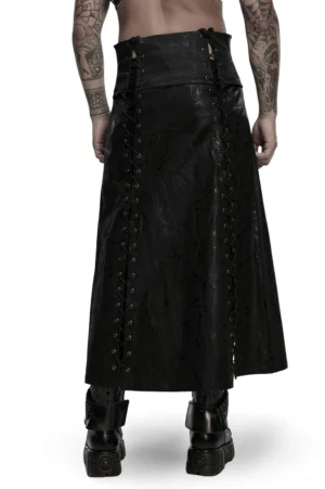 Black gothic long kilt back view displaying high waist cut and side lace-up crisscross details