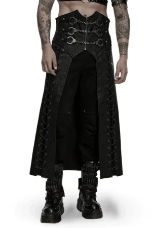Black gothic chain buckle kilt front view on male model showing side lacing and metal chain hardware details