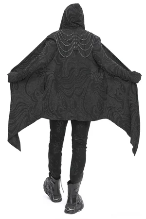 Rear view of gothic hooded coat showing multi-chain back detail and bat-wing hem design