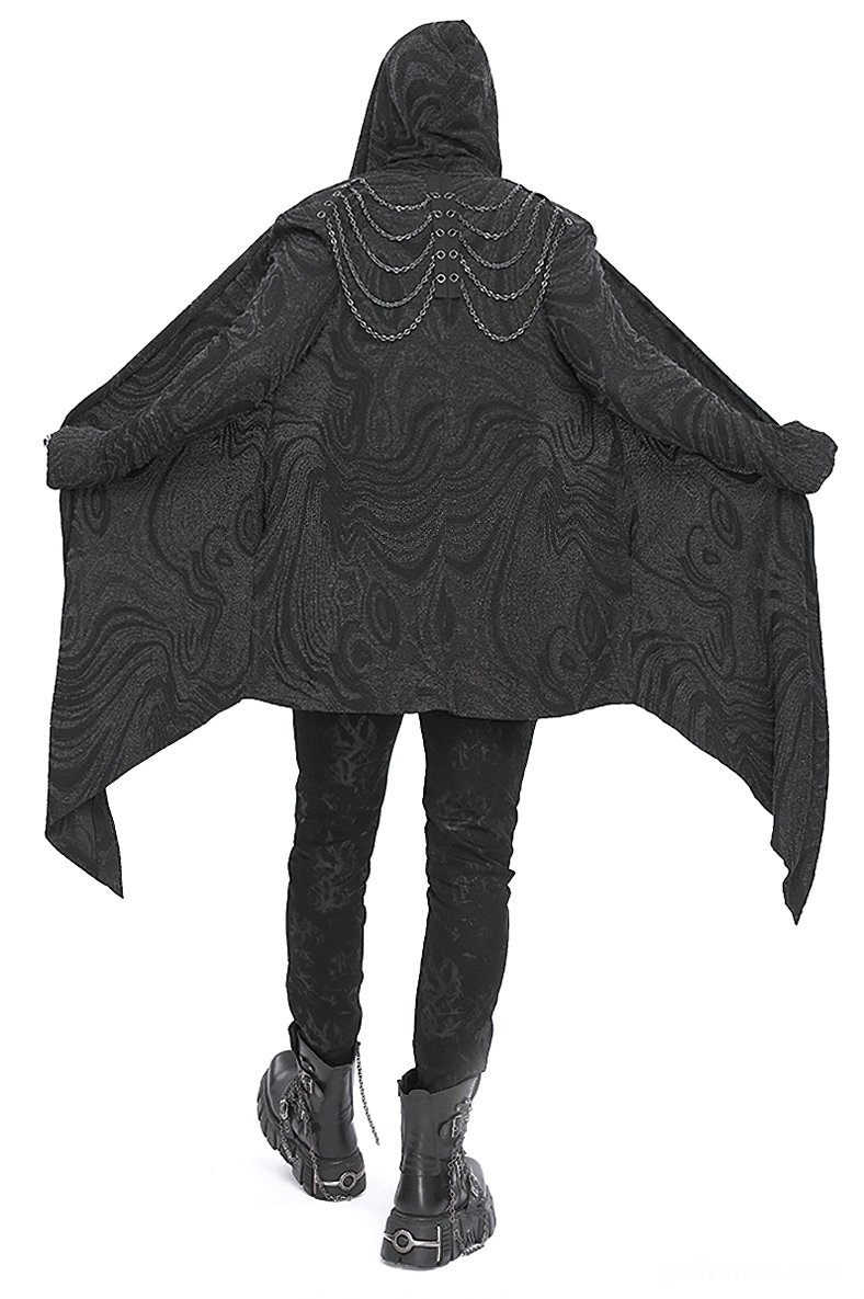 Rear view of gothic hooded coat showing multi-chain back detail and bat-wing hem design