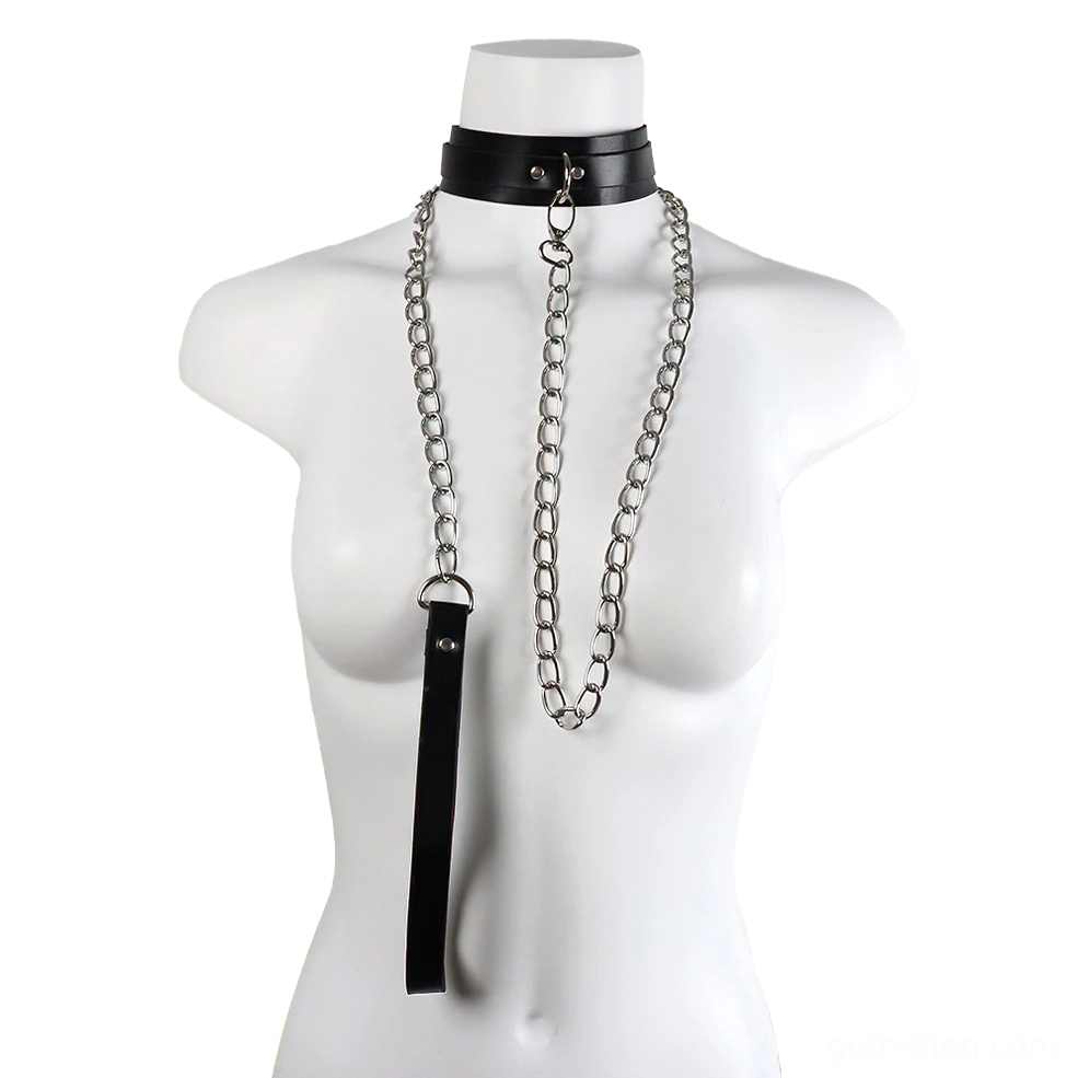 Black gothic chain collar with dual chains and leather leash worn on mannequin - front view showing adjustable design and metal hardware