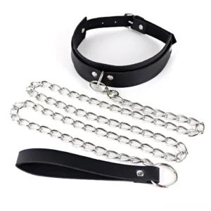 Black leather and metal chain gothic collar with leash - flat lay overhead view showing adjustable buckle and carabiner clip detail