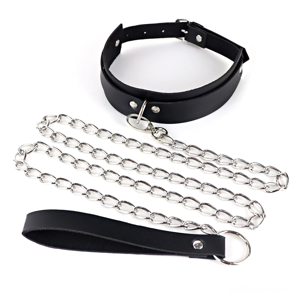 Black leather and metal chain gothic collar with leash - flat lay overhead view showing adjustable buckle and carabiner clip detail