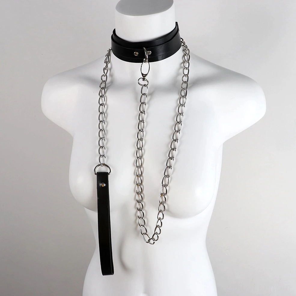 Gothic chain collar and leash adjustable harness system - detail shot showing carabiner clip mechanism and metal construction