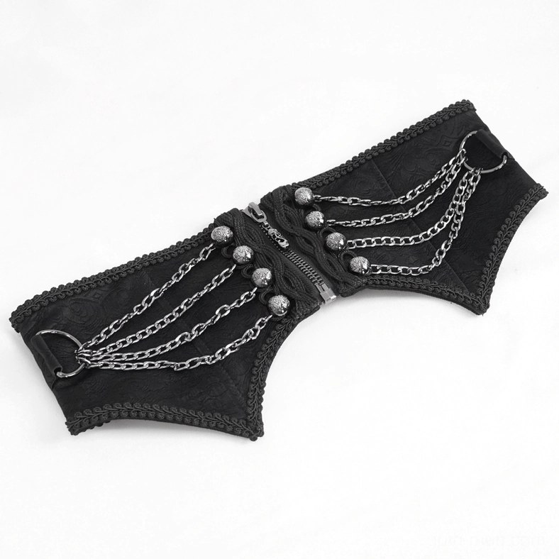 Flat lay top view of black gothic punk corset belt showing chain decorations and zipper