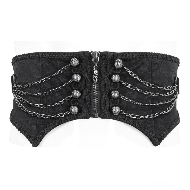 Front display of black gothic punk corset belt with metal chains and studded ornamentation