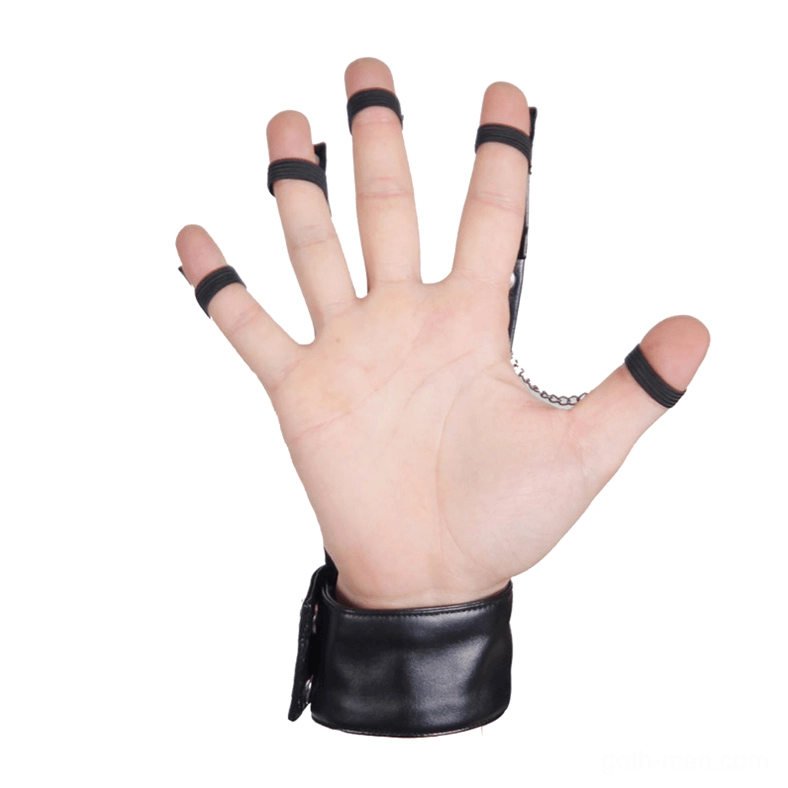 Minimalist gothic black fingerless hand cuff glove with metal chain - top-down product view