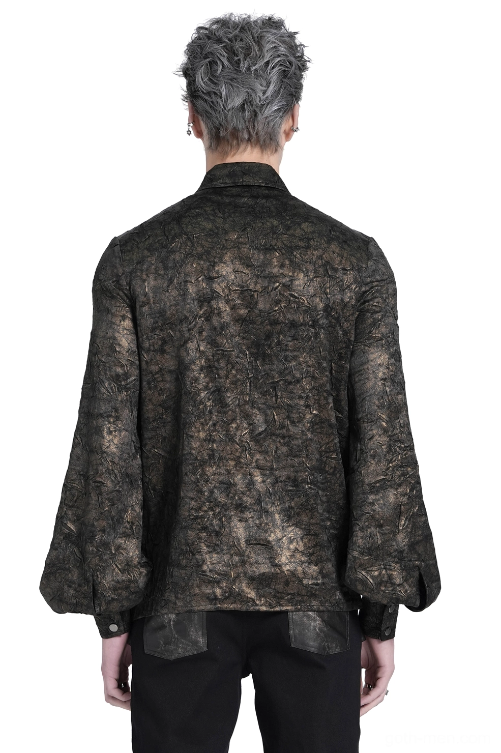 Black gothic punk shirt rear view showing blouson sleeves and chain details back panel