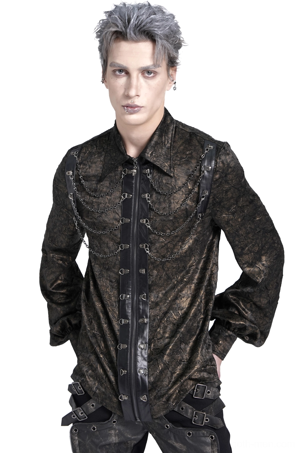 Black gothic chain harness shirt with faux leather straps front three-quarter view on male model