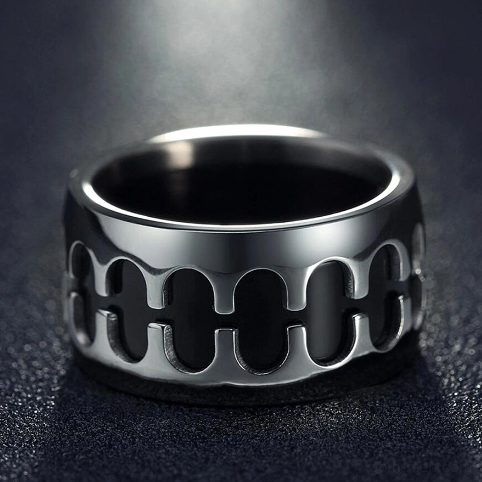 Front flat view of stainless steel gothic chain link ring showing polished edges and black hollow inlays