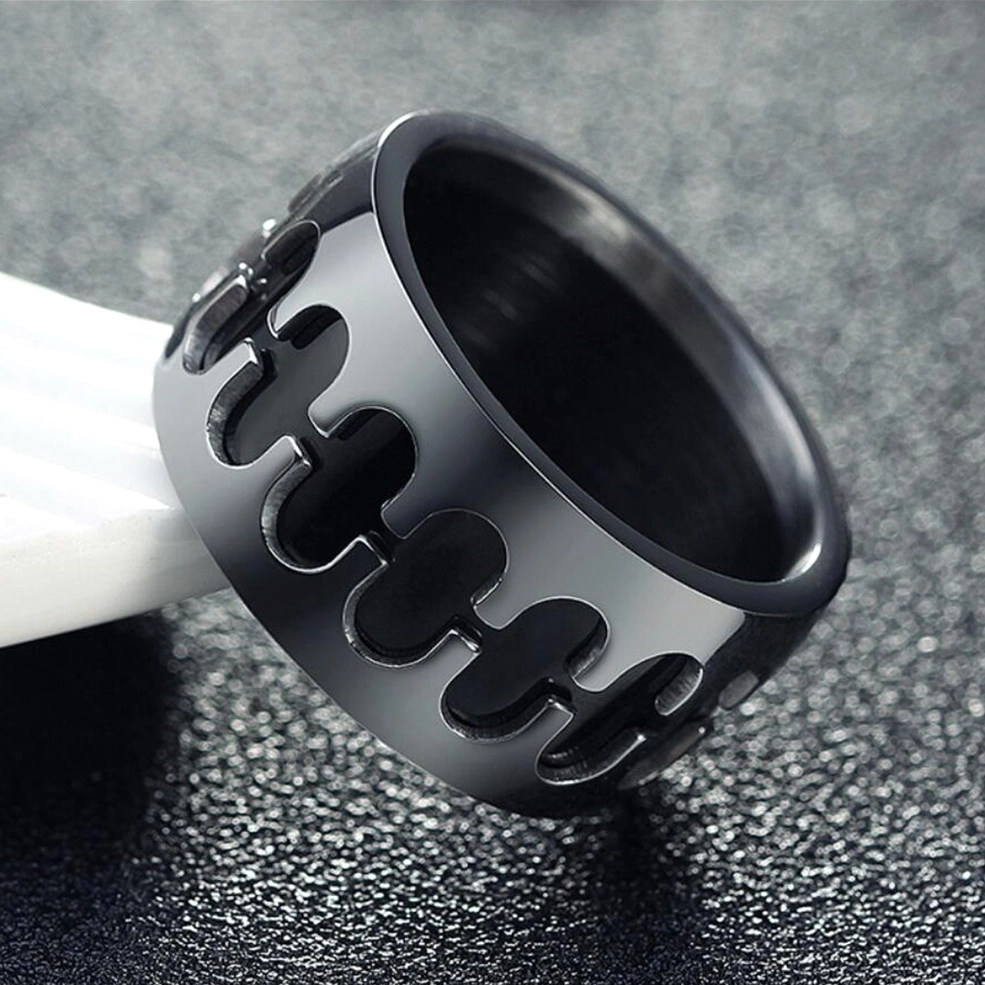 Low oblique side view of gothic chain ring displaying dark silver finish and industrial hollow chain pattern
