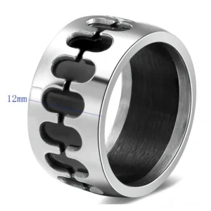 Stainless steel gothic chain ring with size marker showing 12mm band width and hollow chain links detail