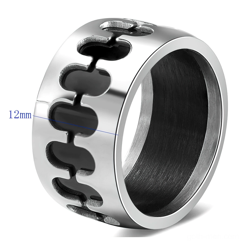 Stainless steel gothic chain ring with size marker showing 12mm band width and hollow chain links detail