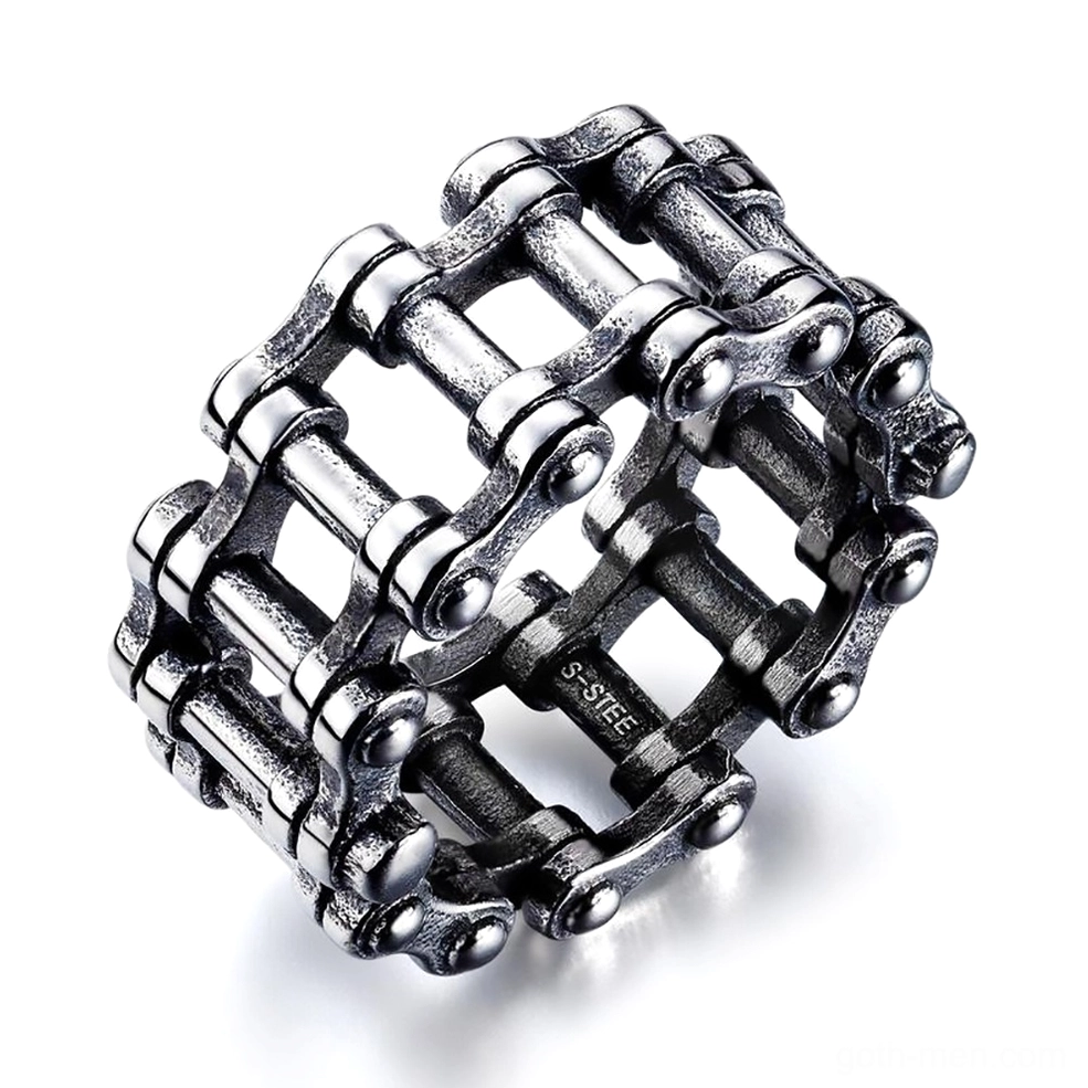 Stainless steel gothic chain link ring frontal view, polished silver finish on white background, biker style jewelry