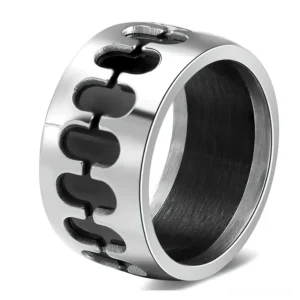 Gothic chain link stainless steel band ring 3/4 view showing hollow link pattern and dual-tone finish