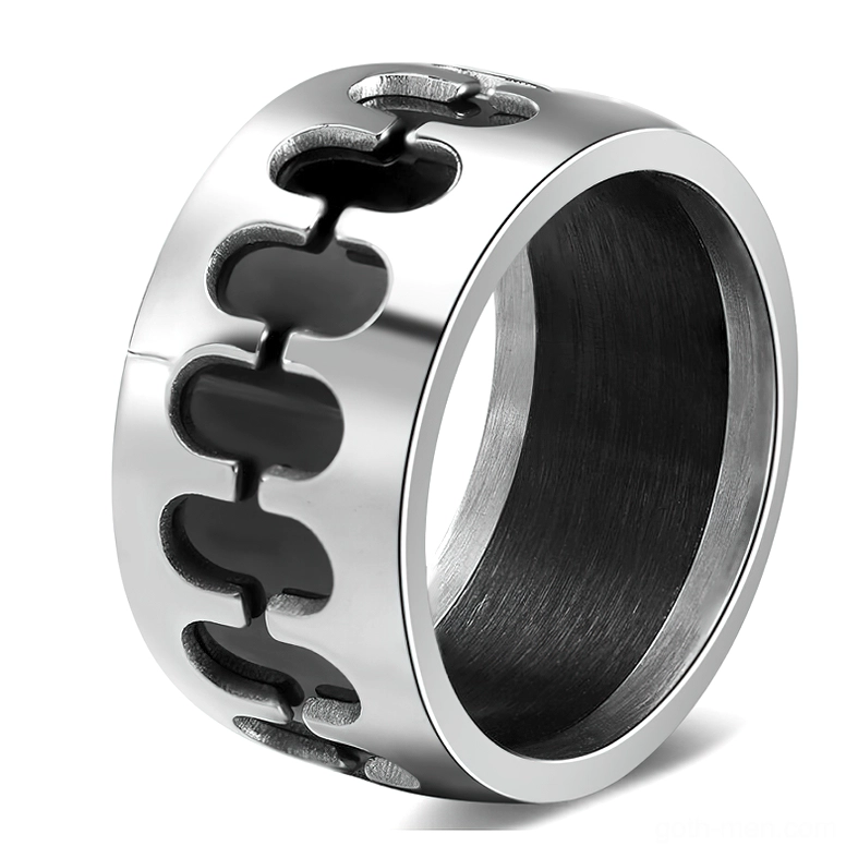 Gothic chain link stainless steel band ring 3/4 view showing hollow link pattern and dual-tone finish