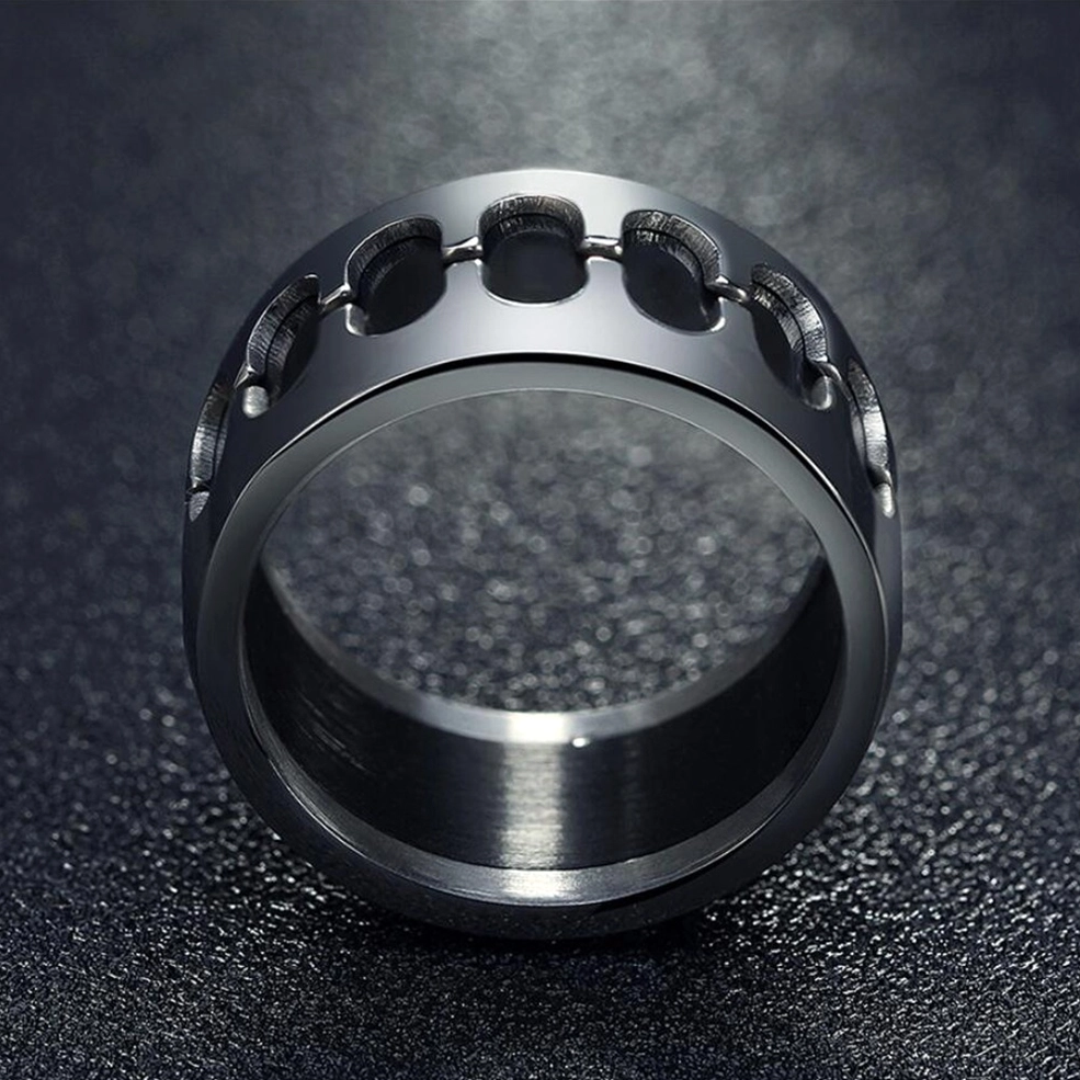 Top-down overhead view of gothic stainless steel chain ring showing brushed inner band and full chain design