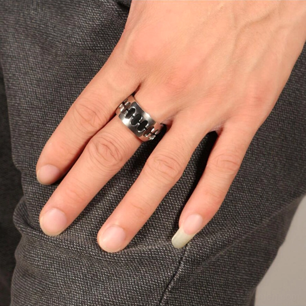 Punk gothic chain ring worn on finger close-up showing real-world styling and silver metal finish